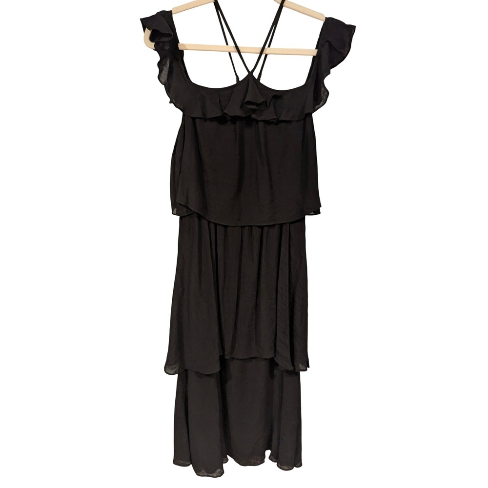re:named Dress Small Black Ruffle Tiered Midi Dark Romantic Strappy Whimsigoth
